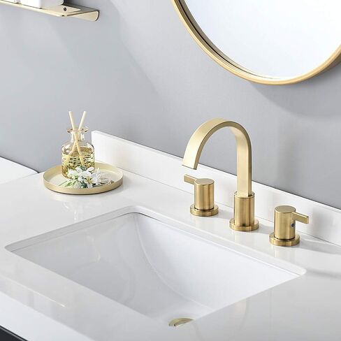 Phiestina 8 Inch 3 Hole 2 Handle Waterfall Widespread Brushed Gold Bathroom Sink Faucet with Metal Pop-Up Drain, WF040-1-BG in Saudi Arabia