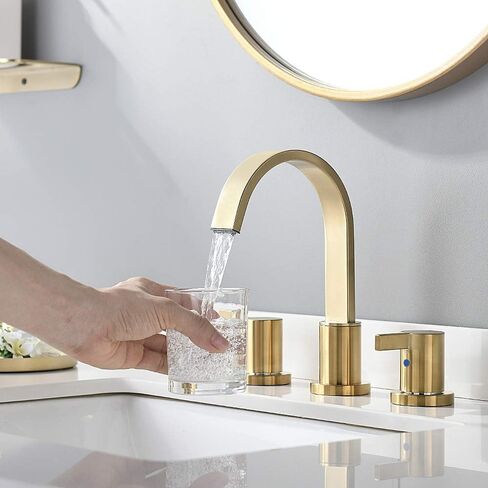 Phiestina 8 Inch 3 Hole 2 Handle Waterfall Widespread Brushed Gold Bathroom Sink Faucet with Metal Pop-Up Drain, WF040-1-BG in Saudi Arabia