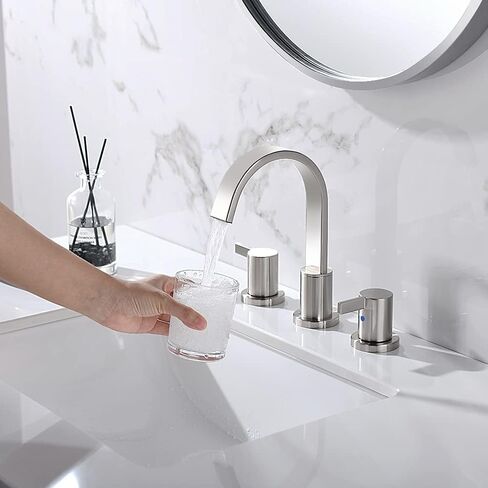 صنبور حوض حمام ذهبي مصقول واسع الانتشار من فيستينا، 8 بوصة، 3 فتحات، 2 مقبض، مع تصريف معدني منبثق، WF040-1-BG in Kuwait