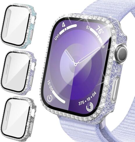 3 Pack Bling Case Compatible with Apple Watch 40mm SE (2nd Gen)/SE/Series 6/5/4, Glitter Diamond Rhinestone Hard PC Bumper Cover with Tempered Glass Screen Protector for iWatch 40mm Accessories in Saudi Arabia