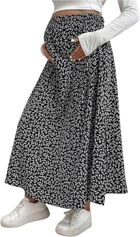 OYOANGLE Women's Maternity Boho Ditsy Floral Print High Waist Split Thigh Long Skirt Pregnancy Skirts in Saudi Arabia