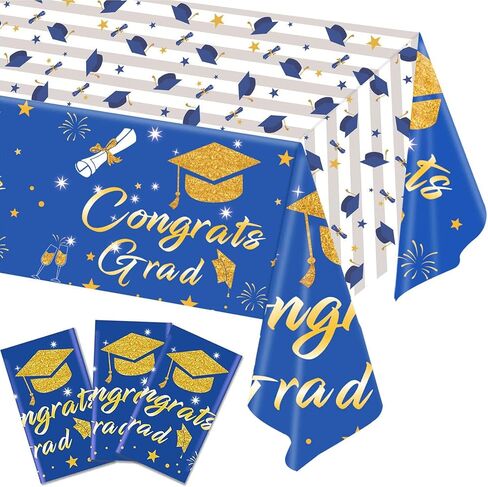 3 Packs Graduation Tablecloth - Graduation Party Decorations 2024, Blue and Gold Graduation Table Cloths, Congrats Grad Table Covers for Graduation Party, Tablecloths for Graduation Ceremony in Saudi Arabia
