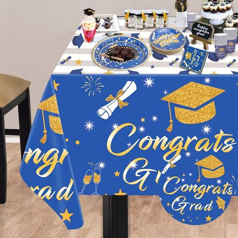 3 Packs Graduation Tablecloth - Graduation Party Decorations 2024, Blue and Gold Graduation Table Cloths, Congrats Grad Table Covers for Graduation Party, Tablecloths for Graduation Ceremony in Saudi Arabia