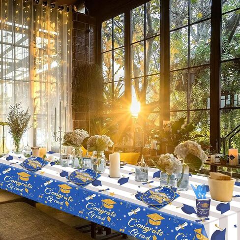 3 Packs Graduation Tablecloth - Graduation Party Decorations 2024, Blue and Gold Graduation Table Cloths, Congrats Grad Table Covers for Graduation Party, Tablecloths for Graduation Ceremony in Saudi Arabia