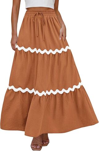 تنورة ماكسي نسائية صيفية بوهو برباط مرنة عالية الخصر من كيروندو 2024 تنانير طويلة غير رسمية للشاطئ على شكل حرف a مع جيوب in Kuwait