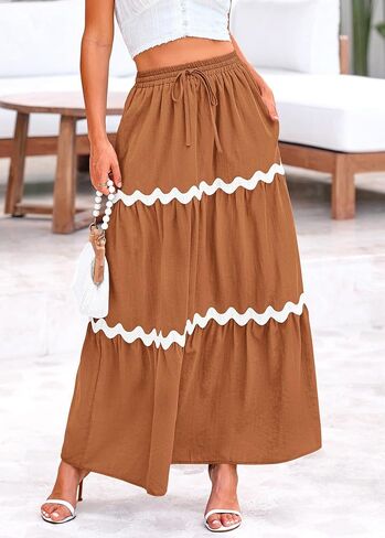 تنورة ماكسي نسائية صيفية بوهو برباط مرنة عالية الخصر من كيروندو 2024 تنانير طويلة غير رسمية للشاطئ على شكل حرف a مع جيوب in Kuwait