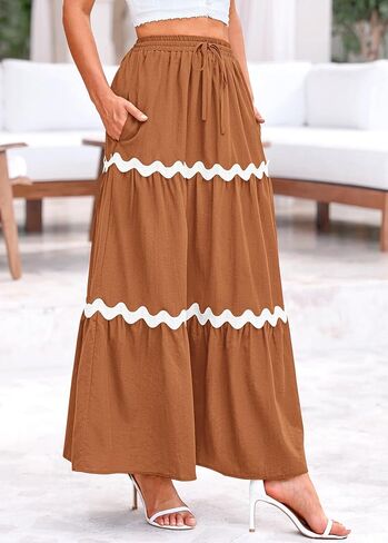 تنورة ماكسي نسائية صيفية بوهو برباط مرنة عالية الخصر من كيروندو 2024 تنانير طويلة غير رسمية للشاطئ على شكل حرف a مع جيوب in Kuwait