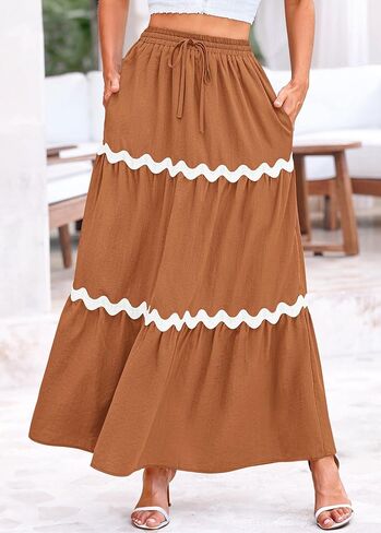 تنورة ماكسي نسائية صيفية بوهو برباط مرنة عالية الخصر من كيروندو 2024 تنانير طويلة غير رسمية للشاطئ على شكل حرف a مع جيوب in Kuwait