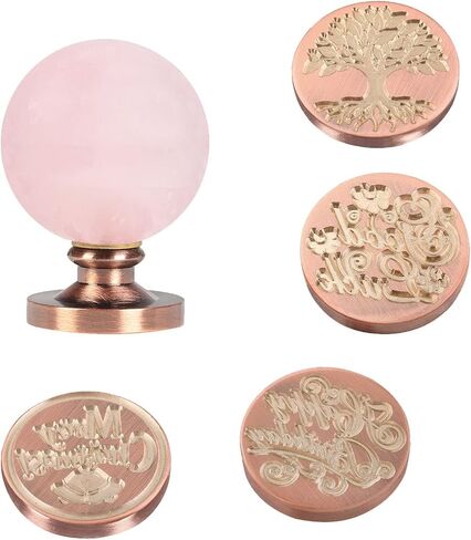 TUMBEELLUWA Crystal Wax Seal Stamp Set, 1 Sphere Stone Hilt and 4 Copper Seals for Envelope, Party Invitation, Greeting Card, Rose Quartz Handle + Tree of Life + Luck + Birthday + Christmas in Saudi Arabia