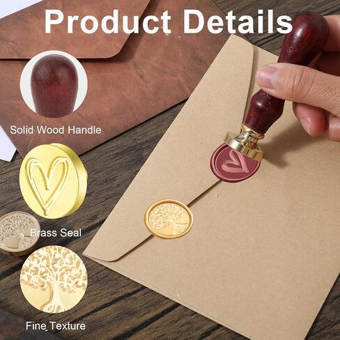 Amabro Wax Seal Stamp, 2PCS Vintage Removable Brass Head 1PCS Retro Rosewood Handle Sealing Wax Stamp for Wedding Party Invitation Gift Wrap Envelope Christmas Thanksgiving Card(Heart, Tree) in Saudi Arabia