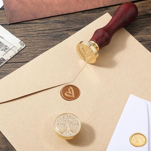 Amabro Wax Seal Stamp, 2PCS Vintage Removable Brass Head 1PCS Retro Rosewood Handle Sealing Wax Stamp for Wedding Party Invitation Gift Wrap Envelope Christmas Thanksgiving Card(Heart, Tree) in Saudi Arabia