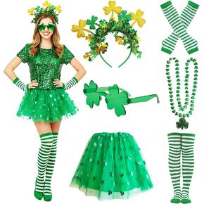 St. Patrick's Day Costume Set for Women Accessories Gold and Green Headband Necklaces Shamrock Glasses 3 Layered Tutu Skirts Striped Socks Arm Warmer Gloves in Saudi Arabia