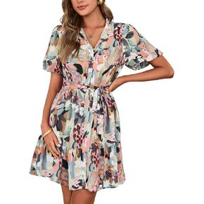 Simplee Womens Floral Short Summer Dresses Casual V Neck Button Down A-Line Tiered Ruffle Boho Mini Dress Trendy Clothes in Saudi Arabia