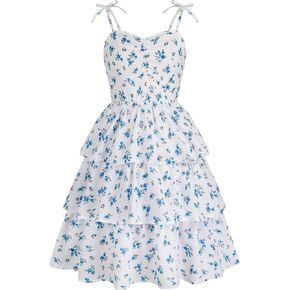 HOZIY Girls Summer Dress Teen Spaghetti Strap Ruched Sweetheart Short Dresses Kids Junior Ruffle Tiered Sundresses 7-16 Years in Kuwait