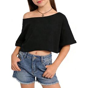 Girls Off The Shoulder Tops Short Sleeve Oversized T Shirts Rolled Cuffs Loose Fit Crop Tops for Kids in Kuwait