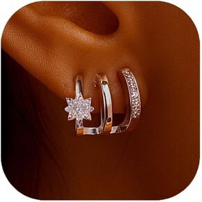 14K Gold Silver Plated Clip On Earrings for Women,Triple Huggie Stud Clip Earrings Cubic Zirconia Double Huggie Hoop Drop Earrings Clips Trendy Lightweight Jewelry Gift in Saudi Arabia