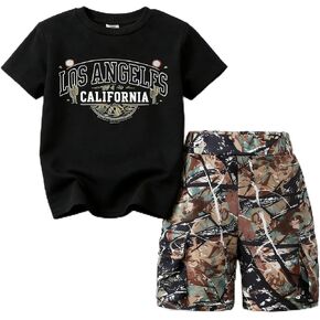 طقم تي شيرت للأولاد مكون من قطعتين من عمر 7-14 عامًا وسروال قصير مموه ملابس صيفية للأطفال in Kuwait