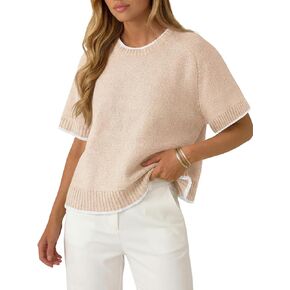 Saodimallsu Womens Short Sleeve Sweaters Casual Crew Neck Lightweight Color Block Loose Fit Summer Trendy Knit Tops in Kuwait