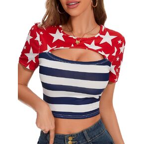 ملابس نسائية مثيرة مجوفة من الرابع من يوليو، قمصان قصيرة الأكمام ذات علم وطني in Kuwait