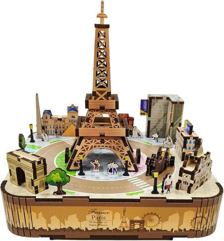 صندوق موسيقى برج ايفل خشبي ثلاثي الأبعاد | باريس 3D لغز صندوق موسيقي للبالغين | مجموعة بناء مكونة من 115 قطعة مع عربة دوارة، مجموعة نماذج التجميع، هدية فريدة لديكور المنزل (5# باريس) in Kuwait