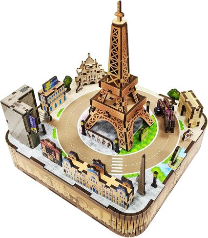 صندوق موسيقى برج ايفل خشبي ثلاثي الأبعاد | باريس 3D لغز صندوق موسيقي للبالغين | مجموعة بناء مكونة من 115 قطعة مع عربة دوارة، مجموعة نماذج التجميع، هدية فريدة لديكور المنزل (5# باريس) in Kuwait
