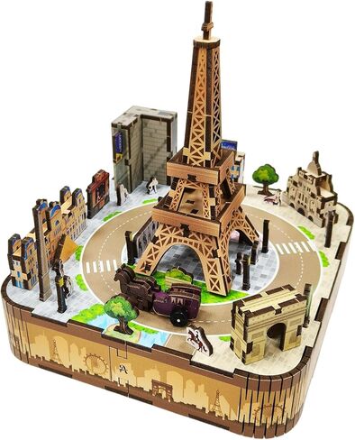 صندوق موسيقى برج ايفل خشبي ثلاثي الأبعاد | باريس 3D لغز صندوق موسيقي للبالغين | مجموعة بناء مكونة من 115 قطعة مع عربة دوارة، مجموعة نماذج التجميع، هدية فريدة لديكور المنزل (5# باريس) in Kuwait