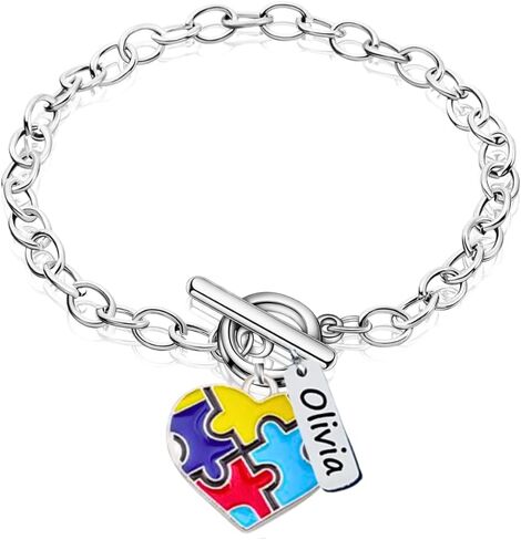 Infinity Collection Autism Awareness Toggle Bracelet – Silver Chain with Heart Puzzle Charm and Personalized Name Tag – Support Gift for Teachers, Moms, and Friends in Saudi Arabia