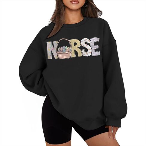 Egg Basket Nurse Easter Sweatshirts for Women Crew Neck Nursing Long Sleeve Shirts Funny Graphic Graduation Gifts in Saudi Arabia