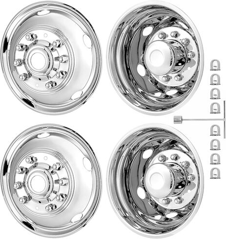 19.5 بوصة Hubcaps 10 Lug 304 من الفولاذ المقاوم للصدأ، 19.5 عجلة محاكاة سطح مصقول، 2 قطعة عجلة أمامية و2 قطعة عجلة خلفية، مجموعة مسامير على عجلة القيادة متوافقة مع Ford 2005-2025 F450/F550 in Kuwait