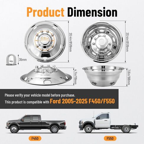 19.5 بوصة Hubcaps 10 Lug 304 من الفولاذ المقاوم للصدأ، 19.5 عجلة محاكاة سطح مصقول، 2 قطعة عجلة أمامية و2 قطعة عجلة خلفية، مجموعة مسامير على عجلة القيادة متوافقة مع Ford 2005-2025 F450/F550 in Kuwait