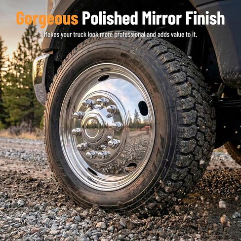 19.5 بوصة Hubcaps 10 Lug 304 من الفولاذ المقاوم للصدأ، 19.5 عجلة محاكاة سطح مصقول، 2 قطعة عجلة أمامية و2 قطعة عجلة خلفية، مجموعة مسامير على عجلة القيادة متوافقة مع Ford 2005-2025 F450/F550 in Kuwait