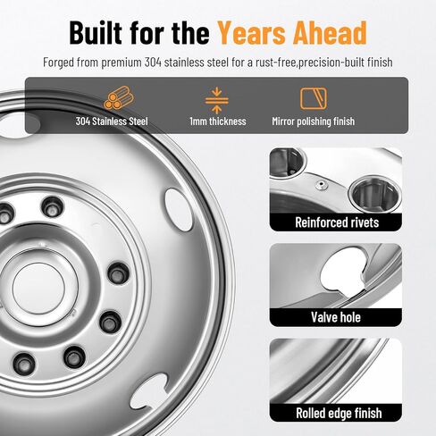 19.5 بوصة Hubcaps 10 Lug 304 من الفولاذ المقاوم للصدأ، 19.5 عجلة محاكاة سطح مصقول، 2 قطعة عجلة أمامية و2 قطعة عجلة خلفية، مجموعة مسامير على عجلة القيادة متوافقة مع Ford 2005-2025 F450/F550 in Kuwait