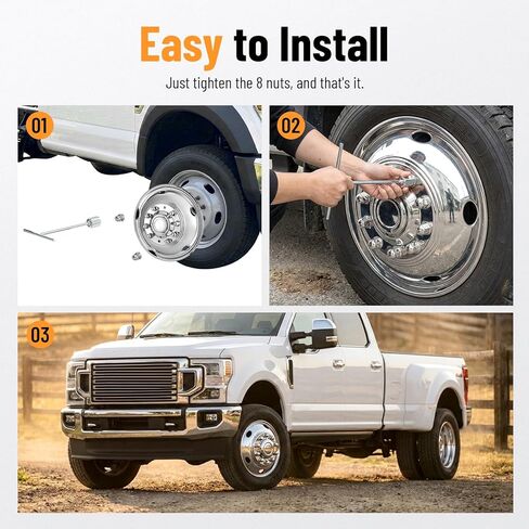 19.5 بوصة Hubcaps 10 Lug 304 من الفولاذ المقاوم للصدأ، 19.5 عجلة محاكاة سطح مصقول، 2 قطعة عجلة أمامية و2 قطعة عجلة خلفية، مجموعة مسامير على عجلة القيادة متوافقة مع Ford 2005-2025 F450/F550 in Kuwait