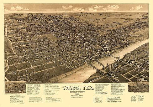 خرائط الماضي منظر بانورامي تاريخي - واكو تكساس - بيك 1886-32.83 × 23 - فن حائط عتيق in Saudi Arabia
