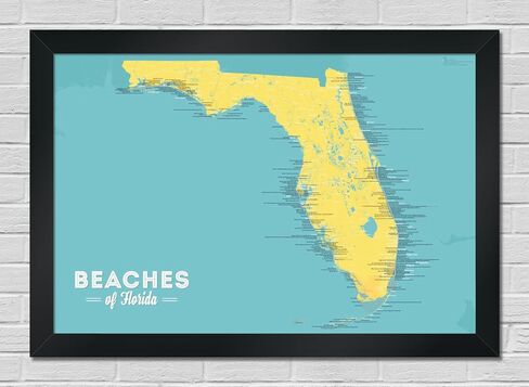 Florida Beaches Checklist Map 24x36 Poster (Marigold & Turquoise) in Kuwait