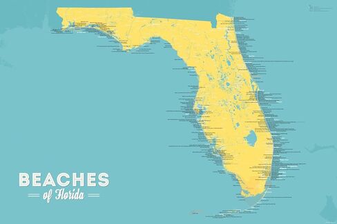 Florida Beaches Checklist Map 24x36 Poster (Marigold & Turquoise) in Kuwait