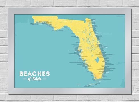 Florida Beaches Checklist Map 24x36 Poster (Marigold & Turquoise) in Kuwait