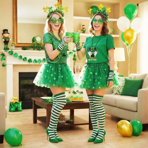 مجموعة زي عيد القديس باتريك للنساء إكسسوارات ذهبية وأخضر، قلائد رأس، نظارات شامروك، 3 طبقات، تنانير توتو، جوارب مخططة، قفازات لتدفئة الذراع in Saudi Arabia