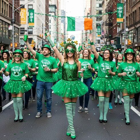 مجموعة زي عيد القديس باتريك للنساء إكسسوارات ذهبية وأخضر، قلائد رأس، نظارات شامروك، 3 طبقات، تنانير توتو، جوارب مخططة، قفازات لتدفئة الذراع in Saudi Arabia