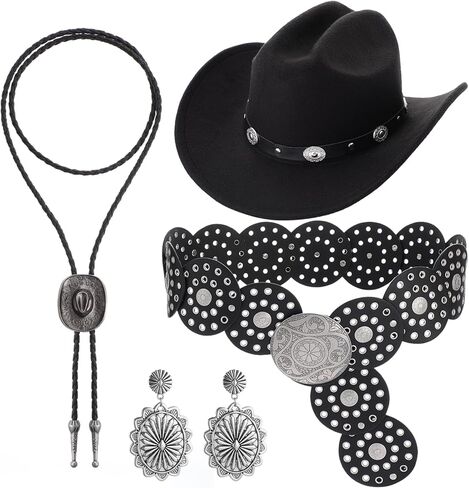 4 Pcs Western Accessories for Women Cowgirl Hat Cowboy Bolo Tie Western Earrings Boho Belt for Party in Saudi Arabia