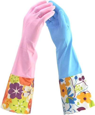 2 PAIRS Household Gloves Latex Free Cleaning Gloves with Soft Lining Long Cuff 15" & Grip, Medum, Pink/Blue in Saudi Arabia