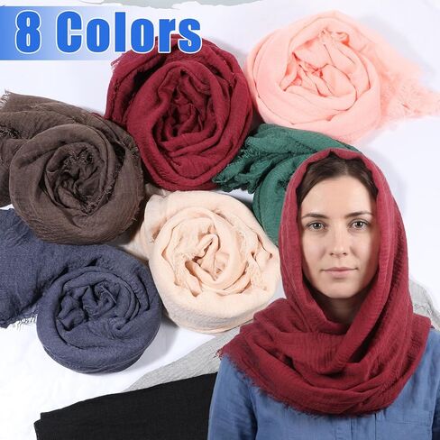 8 قطع وشاح نسائي شال حجاب وشاح قطن مزيج شال مسلم مجعد ملفوف الرأس لجميع المواسم، ألوان مختلطة in Kuwait