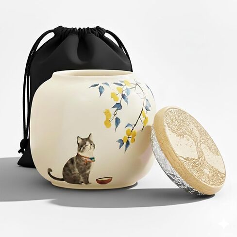Ceramic Cat Ashes Urn, Mini Pet Cremation Keepsake, Sharing Memorial Container for Pet Fur, Gifts for Cat Lovers (Civet Cat) in Saudi Arabia