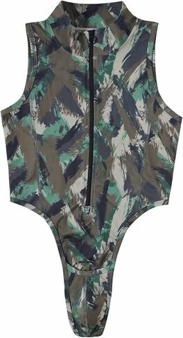 Landofgenie Mens Bodysuit Male Leotard Camo Print Zip Design Stand Collar Fitted Sleeveless Tank Top Adult Men's Bodywear in Saudi Arabia