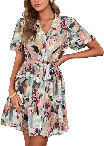 Simplee Womens Floral Short Summer Dresses Casual V Neck Button Down A-Line Tiered Ruffle Boho Mini Dress Trendy Clothes in Saudi Arabia