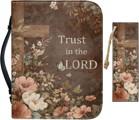 Vintage Style Brown Floral and Cross Bible Case with Bookmark Waterproof Bible Cover Case for Women Lightweight Bible Bag with Handle Pockets Church Book Bag in Saudi Arabia
