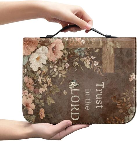 Vintage Style Brown Floral and Cross Bible Case with Bookmark Waterproof Bible Cover Case for Women Lightweight Bible Bag with Handle Pockets Church Book Bag in Saudi Arabia