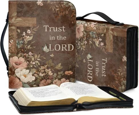 Vintage Style Brown Floral and Cross Bible Case with Bookmark Waterproof Bible Cover Case for Women Lightweight Bible Bag with Handle Pockets Church Book Bag in Saudi Arabia
