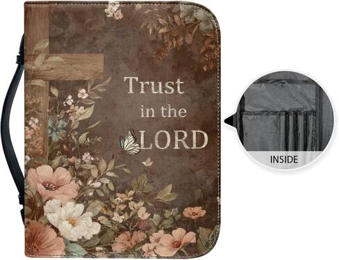 Vintage Style Brown Floral and Cross Bible Case with Bookmark Waterproof Bible Cover Case for Women Lightweight Bible Bag with Handle Pockets Church Book Bag in Saudi Arabia