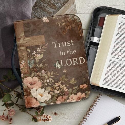Vintage Style Brown Floral and Cross Bible Case with Bookmark Waterproof Bible Cover Case for Women Lightweight Bible Bag with Handle Pockets Church Book Bag in Saudi Arabia